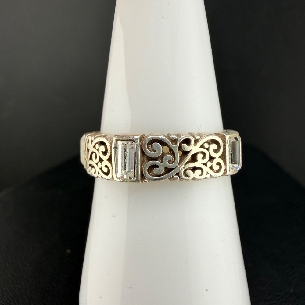 Vintage Brighton Band Ring Filigree Rhinestone Silver Tone Size 8